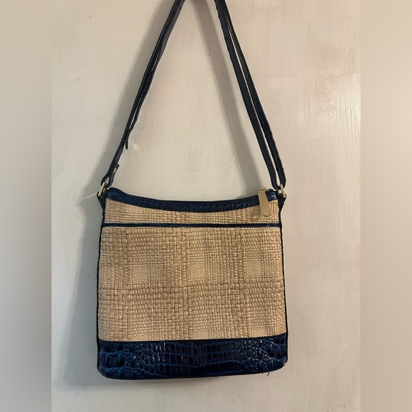 Brahmin Small Katie Sapphire Beachrose Straw & Leather Crossbody - Picture 2 of 9